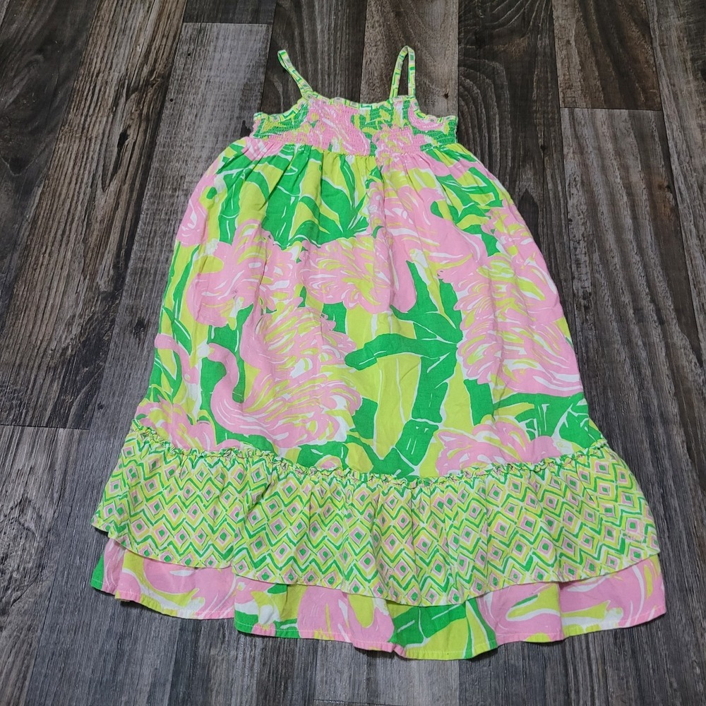 Lily Pulitzer Toddler Girls Pink Green Floral Dress, Size 4T Fun Flamingo Beach